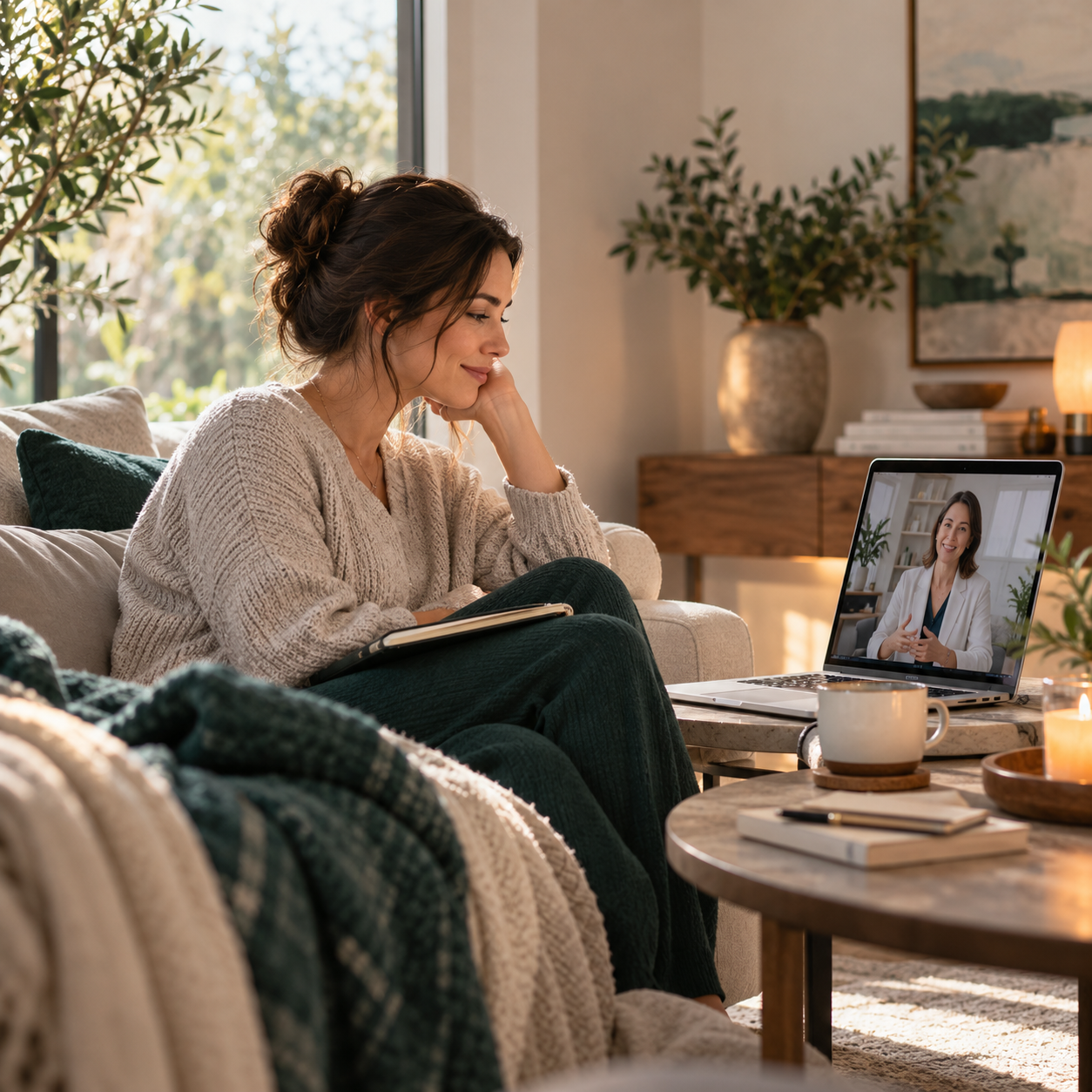 Woman joining a virtual mental health consultation from home