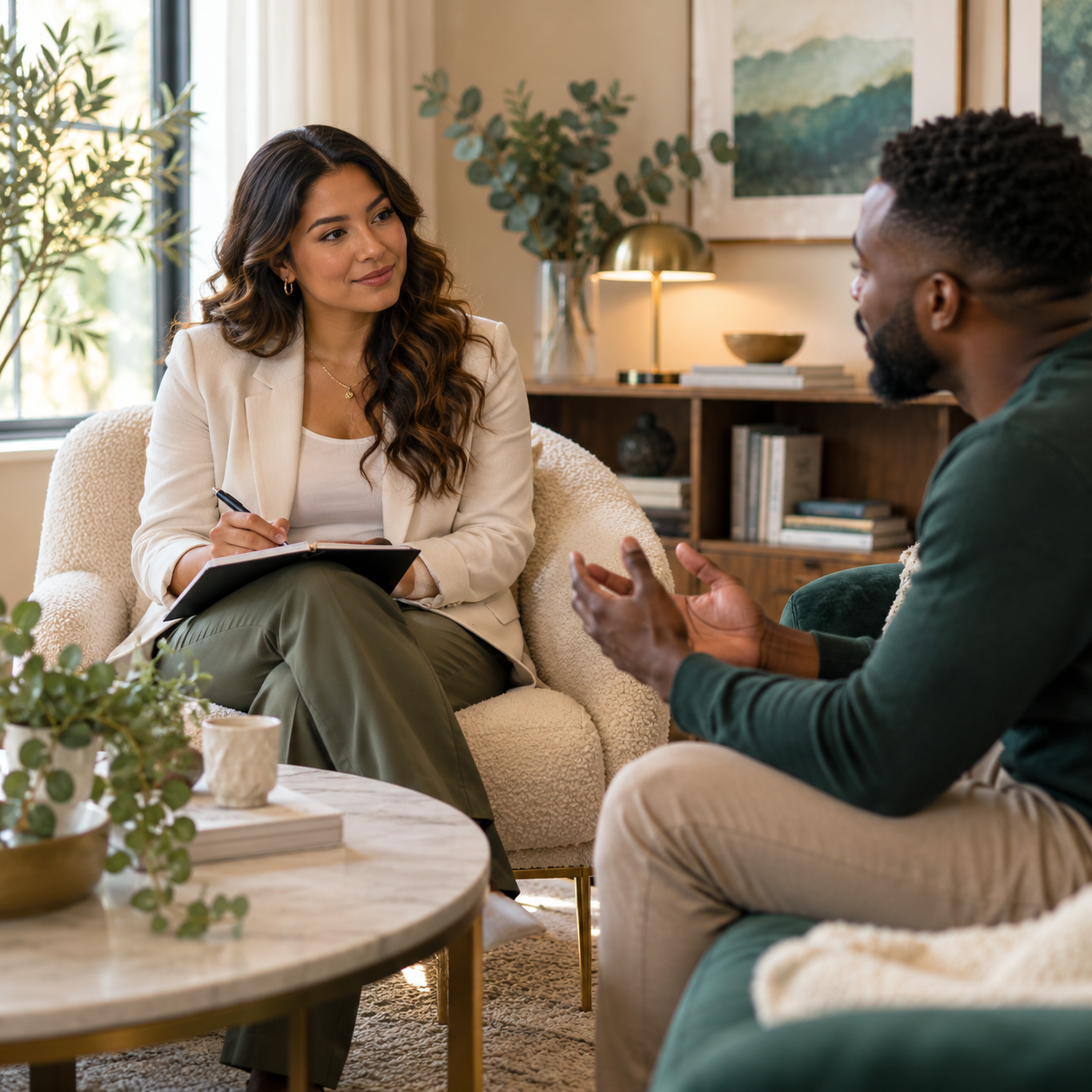 Adult patient discussing concerns with a mental health professional